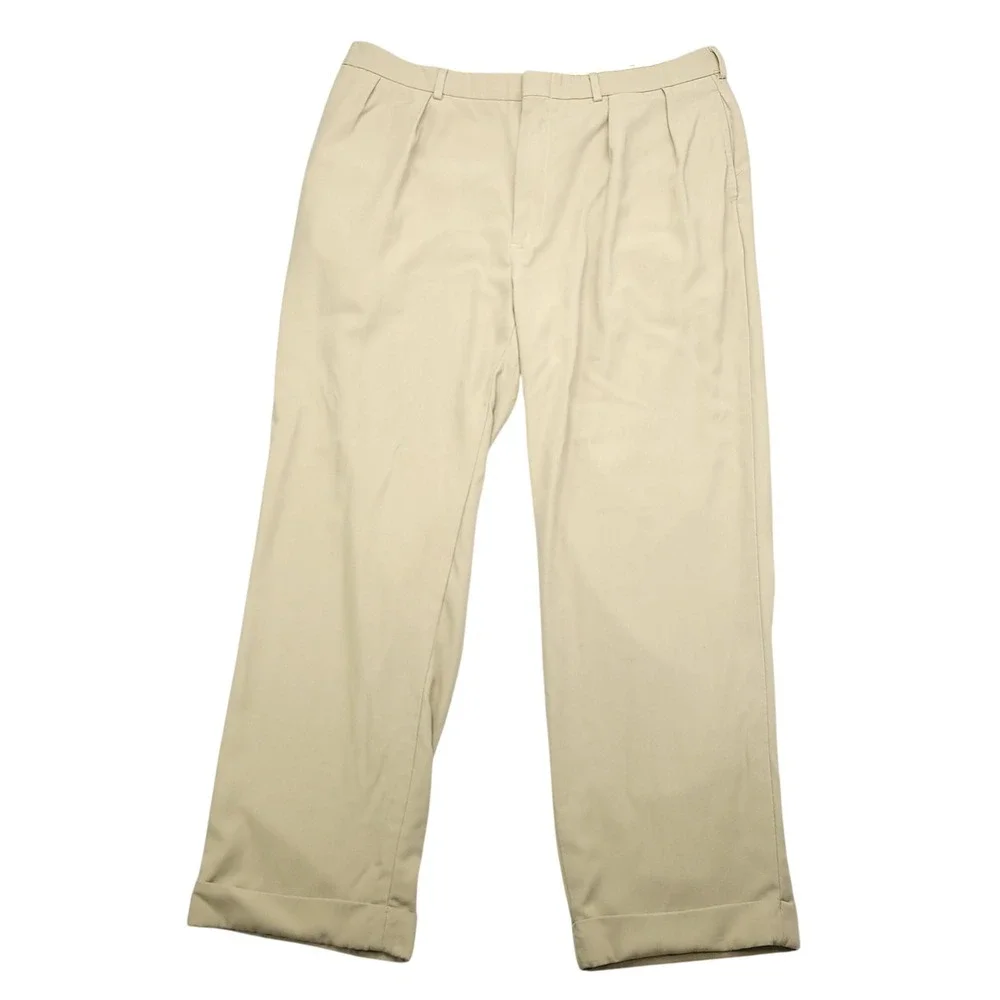 Polo Ralph Lauren Mens Khaki Pleated Dress Pants Trousers Size 42x30 Poly Tencel